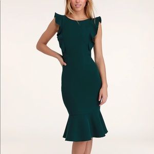 Lulus Dark Green Ruffled Bodycon Midi Dress